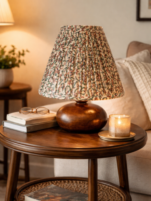Handcrafted wooden table lamp with floral pleated lampshade.