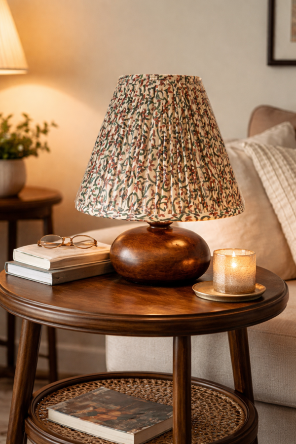 Handcrafted wooden table lamp with floral pleated lampshade.